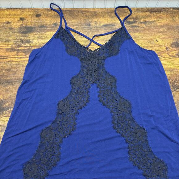 Express Size M Tank Top Camisole Y2K Lace Trim Blue Black Cross Back - Picture 6 of 12